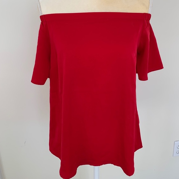Red Silky Off the Shoulder Top - Picture 1 of 3